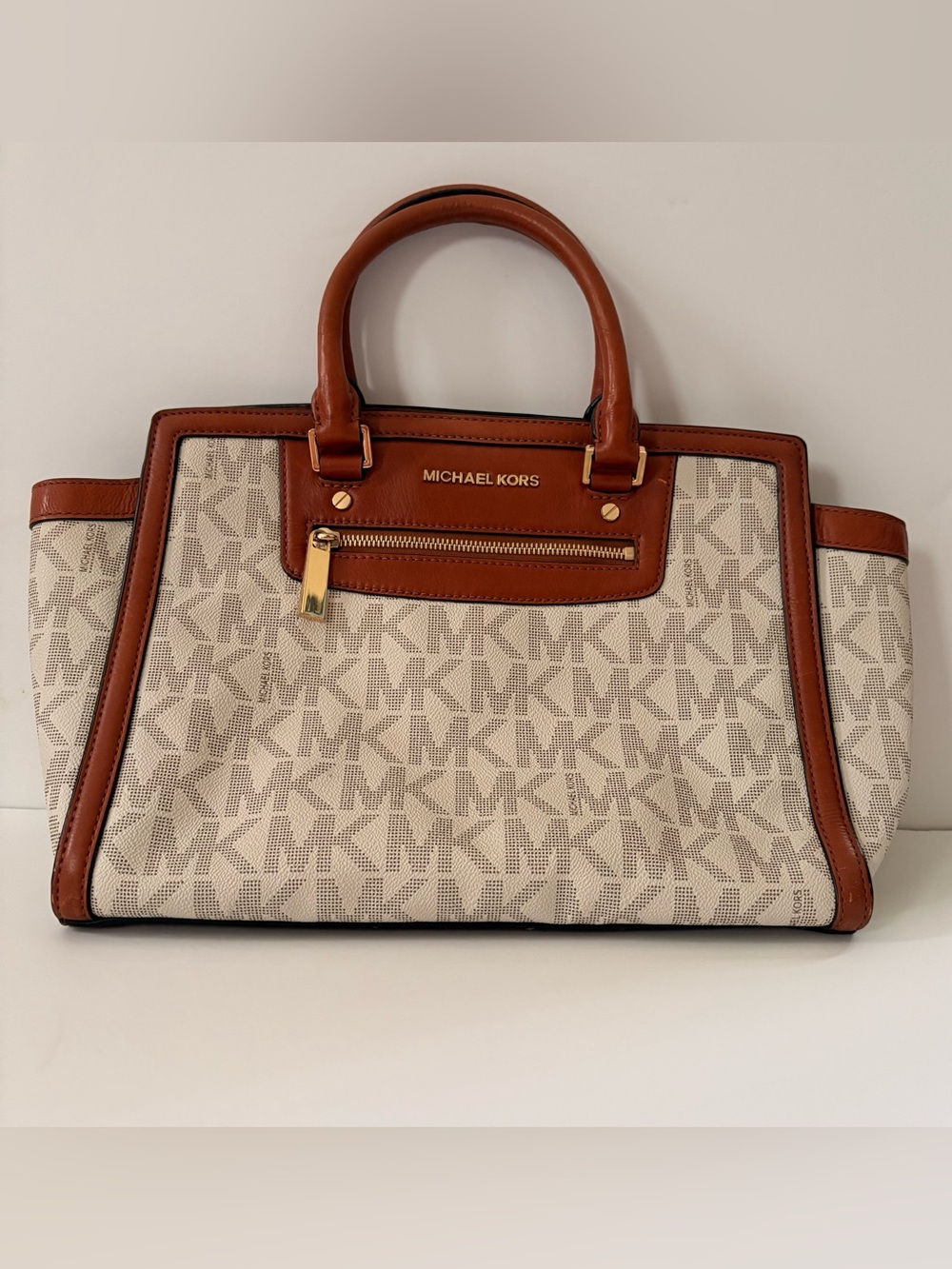 Michael Kors Beige and Brown Signature Selma Satchel with Gold Accents